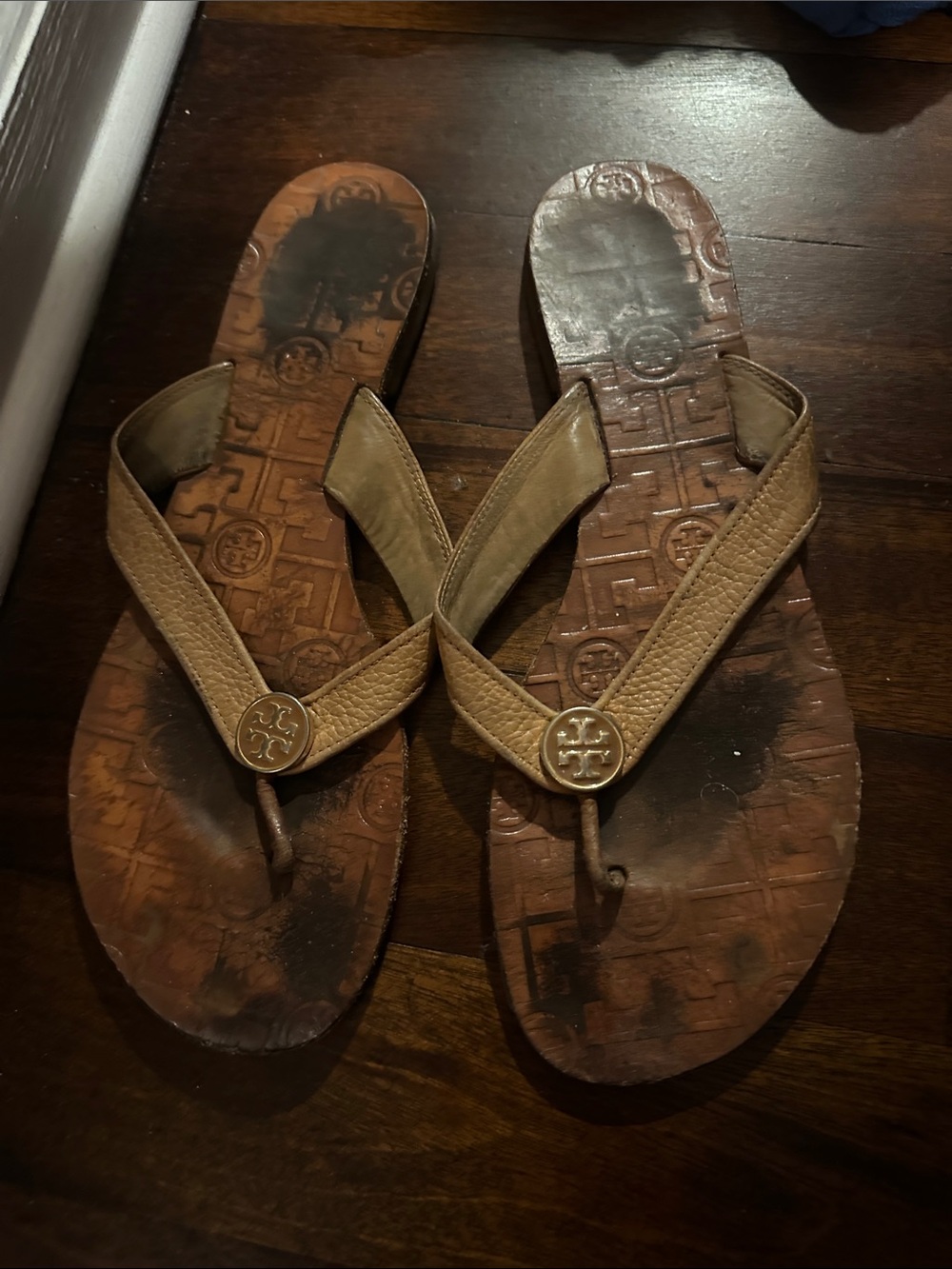Tory Burch Tan Leather Logo Thong Sandals